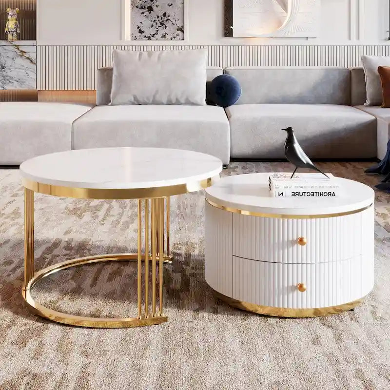 Table basse ronde gigogne blanche avec tiroirs