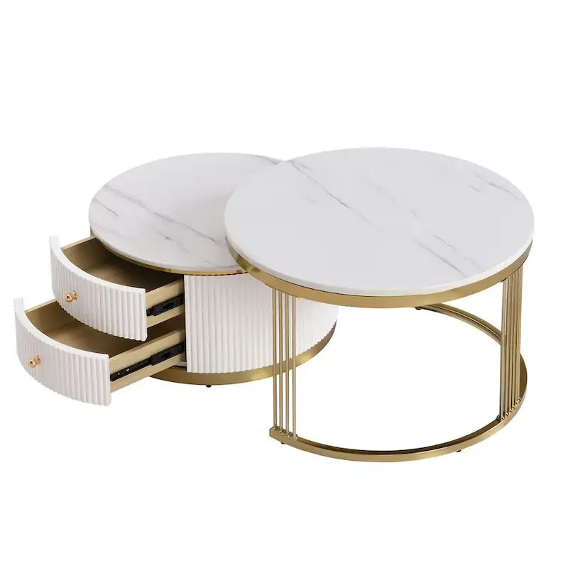 Table basse ronde gigogne blanche avec tiroirs