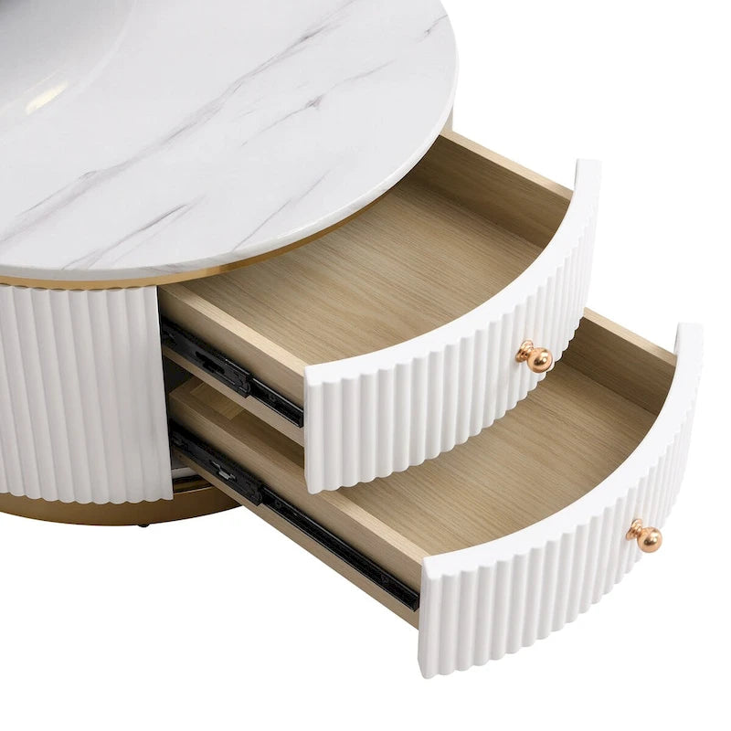 Table basse ronde gigogne blanche avec tiroirs