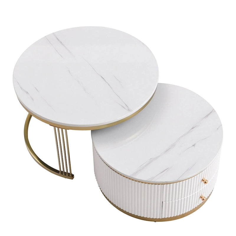 Table basse ronde gigogne blanche avec tiroirs