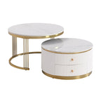 Table basse ronde gigogne blanche avec tiroirs