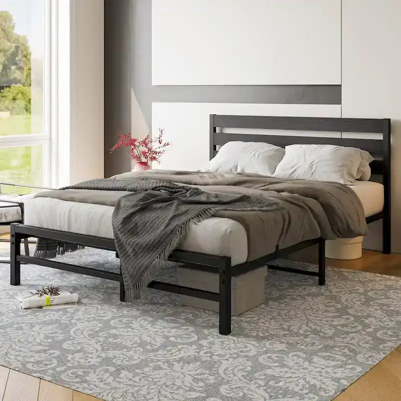 Cadre de lit plateforme avec tête de lit en bois, rangement sous le lit, antidérapant