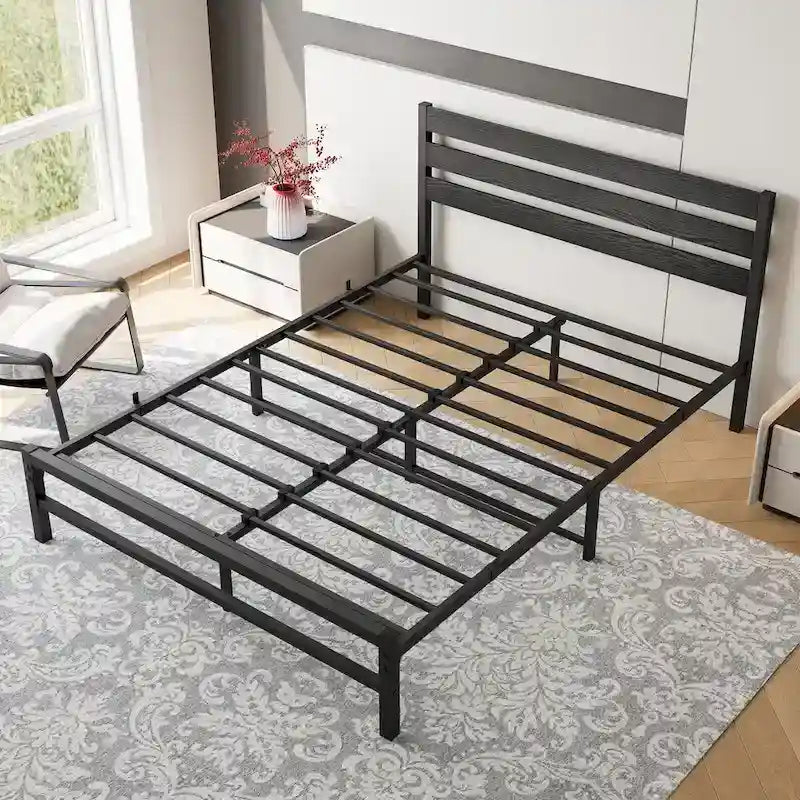 Cadre de lit plateforme avec tête de lit en bois, rangement sous le lit, antidérapant