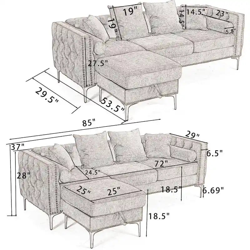 Canapé d'angle moderne convertible en chenille capitonnée