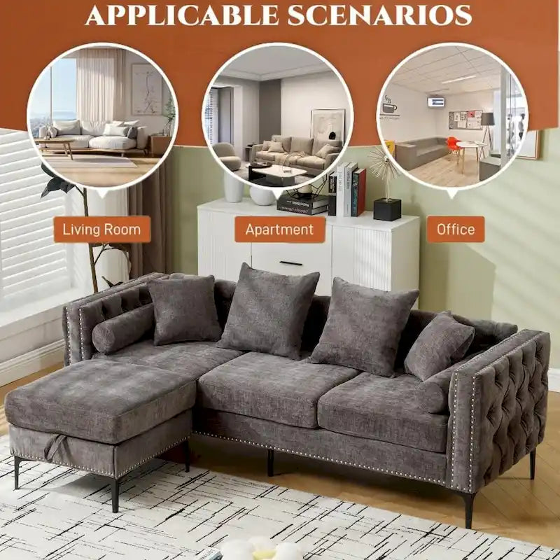 Canapé d'angle moderne convertible en chenille capitonnée